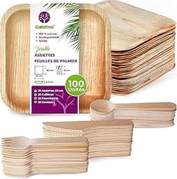 Assiettes palmier 20 cm + couverts bois (25 + 75)