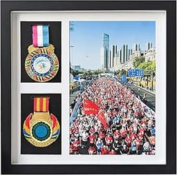 Boîte d'ombre pour médailles, cadre pour médailles, 2 médailles et photos