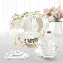 DUJUST Ensemble de 6 tasses à thé et soucoupes (200 ml) avec bordure dorée