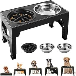 Gamelle pour chien surélevée et réglable – 2 bols inox (1200 ml) + 1 bol anti‑glouton (800 ml)