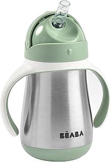 BÉABA, Biberon/Tasse d'apprentissage/Gourde Bébé 2 en 1 Inox, Tasse Paille Enfant, 100% étanche, Anti-fuite, Facile à Ouvrir