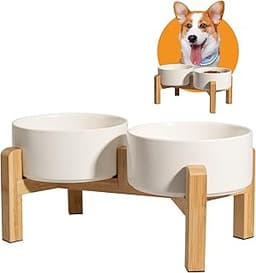 Double gamelle surélevée en céramique avec support en bambou