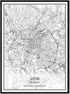 TANOKCRS Lyon France Carte Art mural Toile Noir et blanc