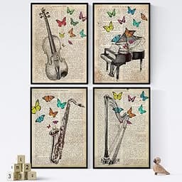 Lot de quatre planches vintage pour piano, harpe, violon et saxon avec définitions musique, émotions, communication, plais...