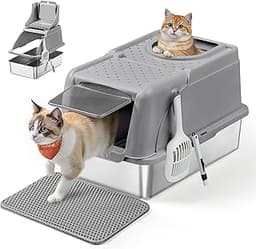 Feandrea Bac à litière inox à couvercle 180°